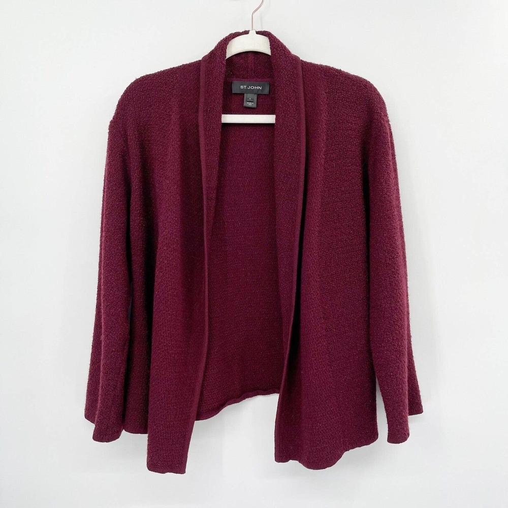 St. John Open Front Knit Cardigan Waterfall Burgundy Size S Long Sleeve Fuzzy‎
